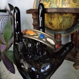 Vintage Stone-Embellished Tibetan Bangle Bracelet